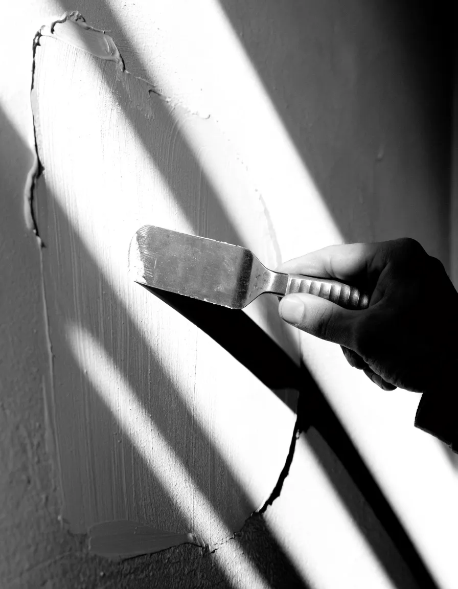 Eine Hand zieht mit einer breiten Stahlspachtel Spachtelmasse über eine Wand im Streiflicht.
